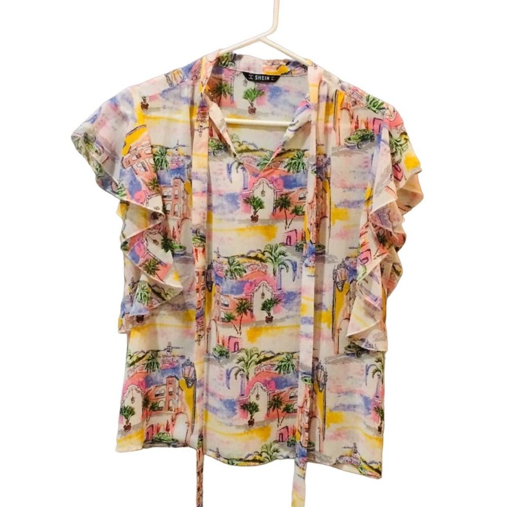 Shein tropical short sleeve top Casual Preppy Boho Sz L